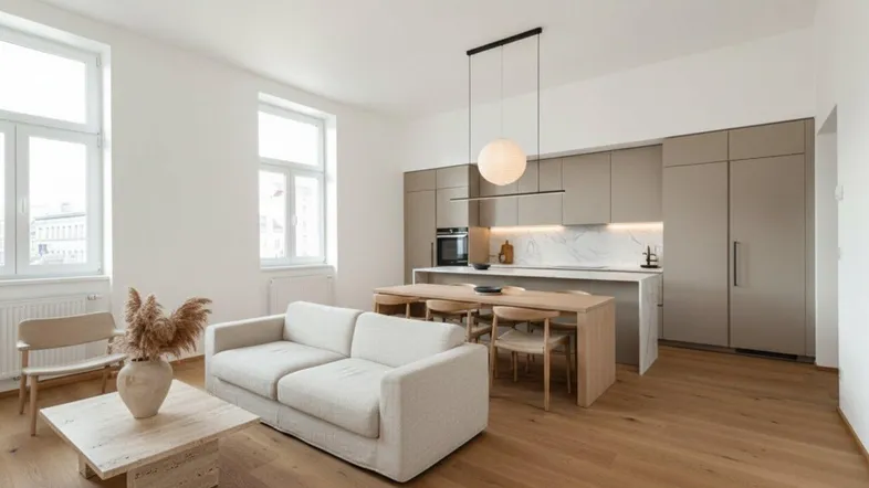Helles, offenes Wohnzimmer mit integrierter Küche, Holzboden und modernen Möbeln.