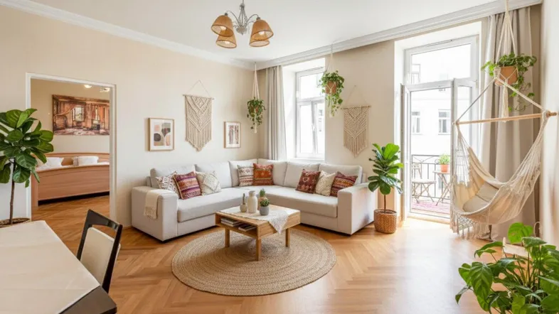 Helles Wohnzimmer mit Ecksofa, Parkettboden, Stuckdecke und Zugang zu einem kleinen Balkon.