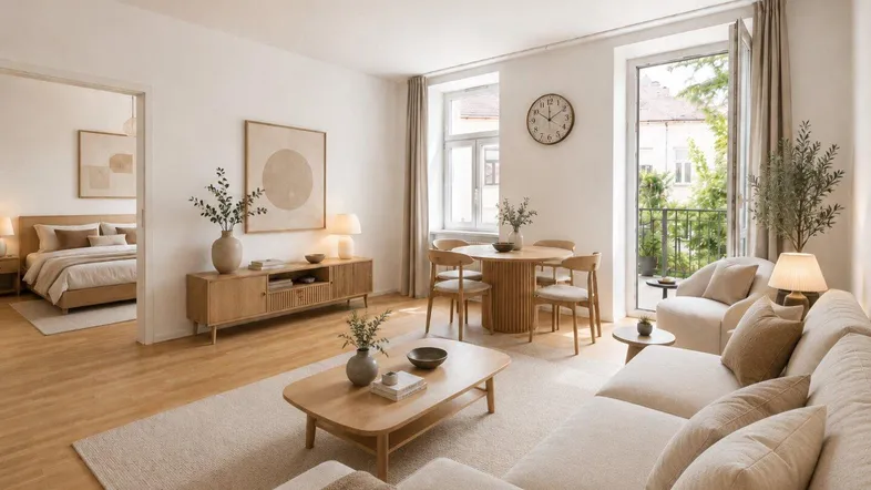 Helles, modern eingerichtetes Wohn-Esszimmer mit Holzboden, bequemer Couch und Zugang zum Balkon.