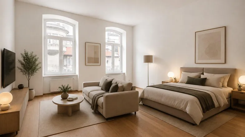 Helles, modern eingerichtetes Studio-Apartment mit kombiniertem Wohn- und Schlafbereich und großen Fenstern.