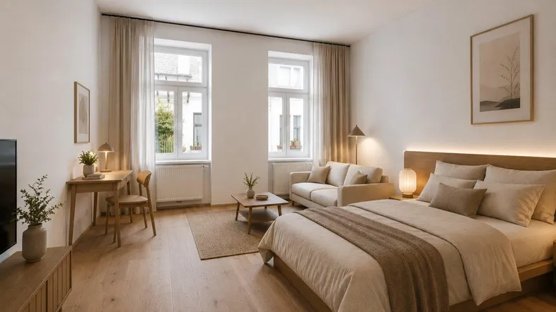Helles Schlafzimmer mit Holzboden, großem Bett, Sofa und Arbeitsbereich am Fenster.