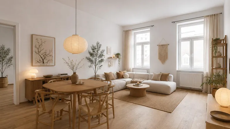 Helles, modern eingerichtetes Wohn- und Esszimmer mit Holzboden und gemütlicher Sitzecke.