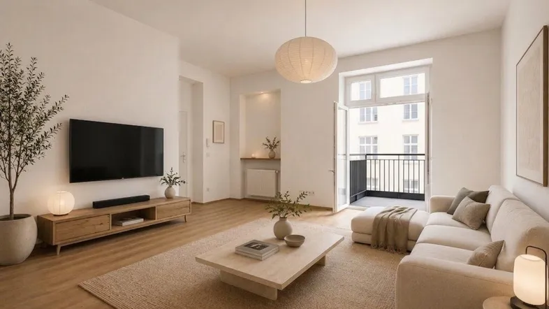 Helles Wohnzimmer mit Holzboden, modernem Mobiliar und Zugang zu einem französischen Balkon.