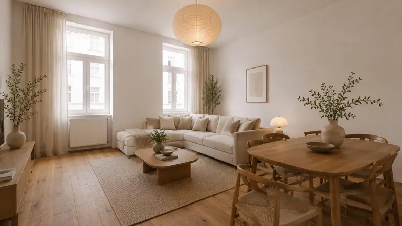 Helles, modern eingerichtetes Wohn-Esszimmer mit beigem Ecksofa, Holztisch und Parkettboden.