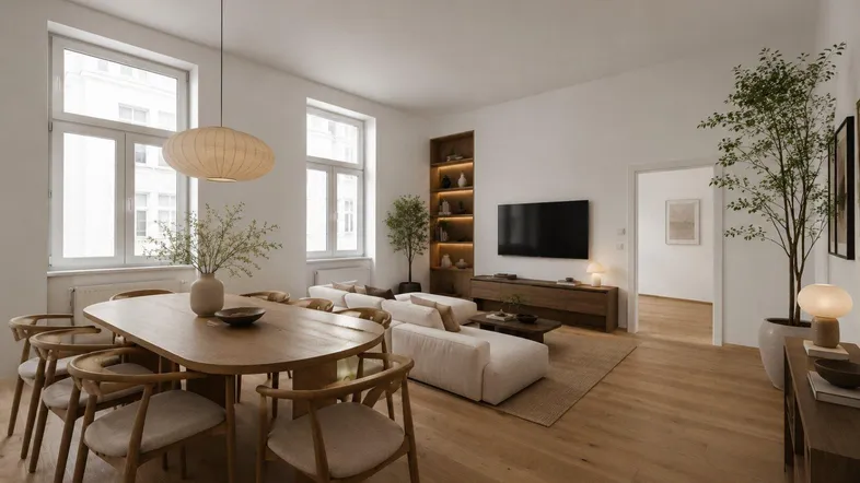 Helles, modern eingerichtetes Wohn- und Esszimmer mit Holzboden und großen Fenstern, ideal für geselliges Beisammensein.