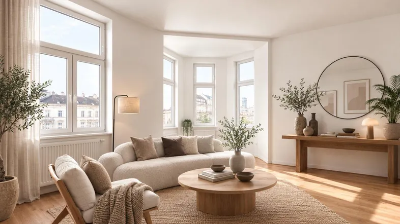 Helles, modern eingerichtetes Wohnzimmer mit großen Fenstern, Holzboden und gemütlichem Sofa.
