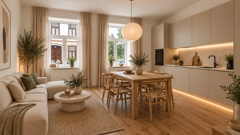 Modernes, offenes Wohn-Esszimmer mit integrierter Küche, Holzboden und stilvoller Einrichtung.