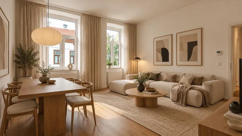 Helles, modern eingerichtetes Wohn-Esszimmer mit Holzboden, großen Fenstern und bequemer Sitzecke.