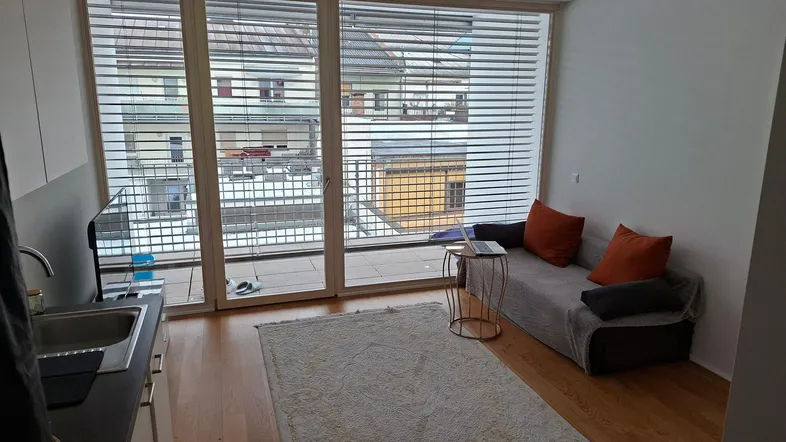 Heller Wohnbereich mit Holzboden, Sofa und Zugang zu einem Balkon, inklusive kleiner Küchenzeile.