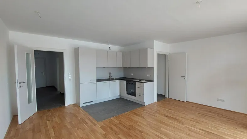 Helle, offene Küche mit modernen hellgrauen Schränken, dunkler Arbeitsplatte und Parkettboden in einem Wohnbereich.