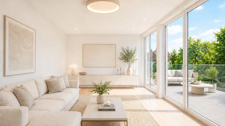 Helles, modernes Wohnzimmer mit beigefarbenem Sofa, Holzboden und Zugang zur Terrasse.