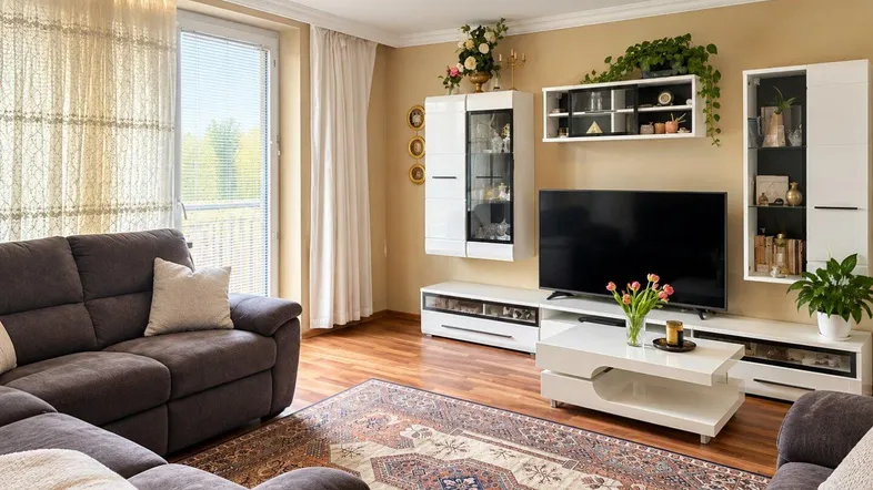 Helles Wohnzimmer mit beiger Wandfarbe, Holzboden und Zugang zum Balkon.
