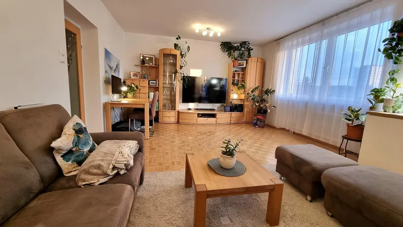 Gemütliches Wohnzimmer mit Parkettboden, bequemer Couch und vielen Pflanzen.