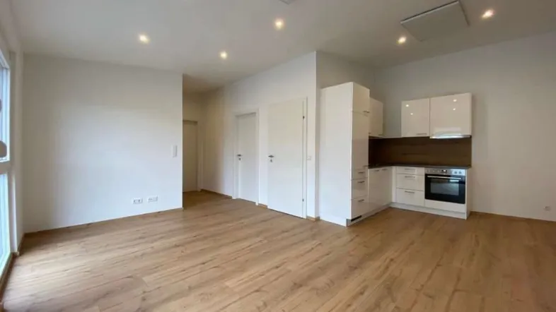 Heller offener Wohn- und Essbereich mit integrierter Küche, modernem Laminatboden und Deckenspots.