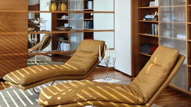 Helles Wohnzimmer mit Holzboden, bequemen Liegen und integrierten Holzregalen für Bücher und Dekoration.