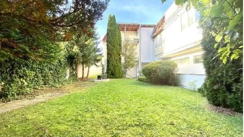 Gepflegter Gartenbereich mit Rasenfläche und hohen Bäumen hinter dem Gebäude.