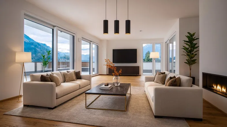Modernes Wohnzimmer mit Holzboden, Kamin und großen Fenstern mit Bergblick.