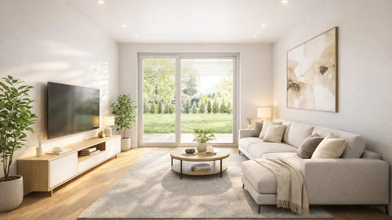 Modernes, helles Wohnzimmer mit Holzboden, großem Sofa und direktem Zugang zum Garten.