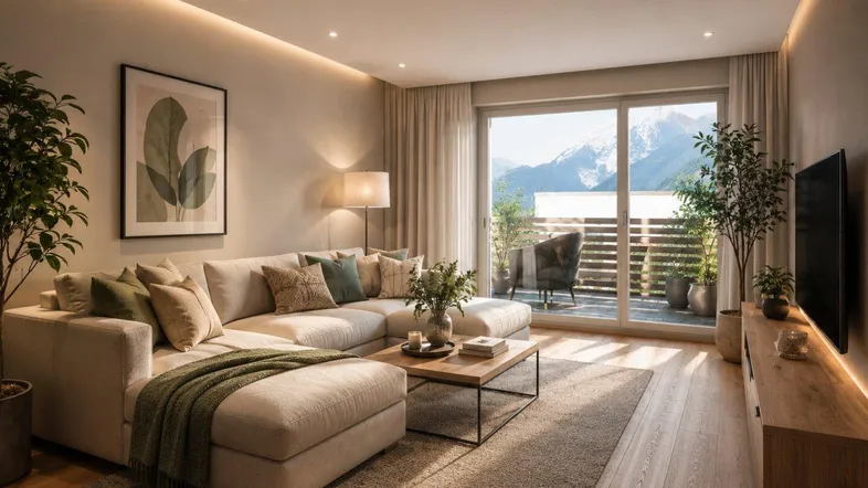 Helles Wohnzimmer mit großem Ecksofa, Holzboden und Zugang zu einem Balkon mit Bergblick.