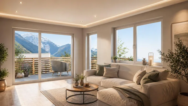 Helles Wohnzimmer mit beigem Sofa, Holzboden und Zugang zu einem Balkon mit beeindruckendem Bergblick.
