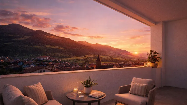 Geräumiger Balkon mit gemütlichen Sitzgelegenheiten und atemberaubendem Blick auf die Berge bei Sonnenuntergang.