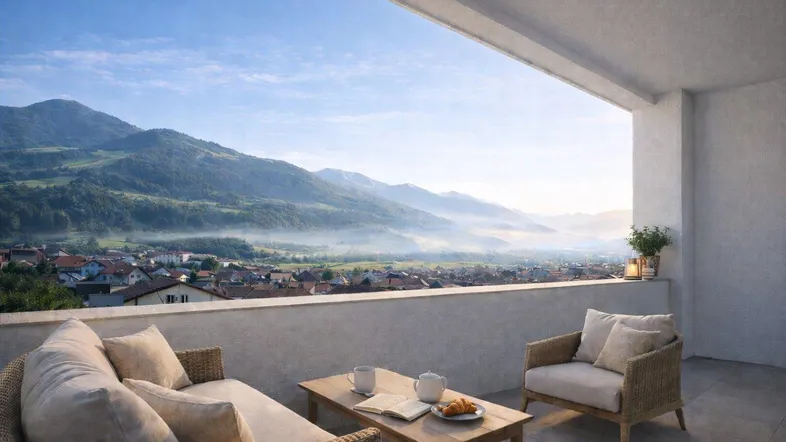 Geräumiger Balkon mit bequemen Möbeln und atemberaubendem Blick auf die Berge und das Tal.