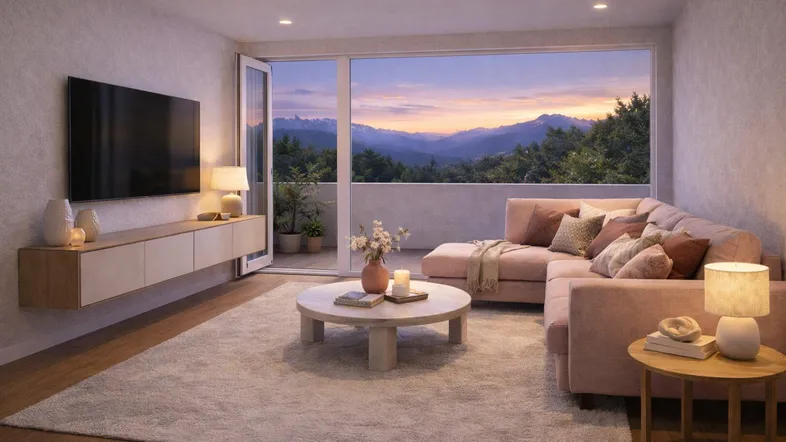 Helles Wohnzimmer mit gemütlichem Sofa, großem Fenster und atemberaubendem Bergblick bei Sonnenuntergang.
