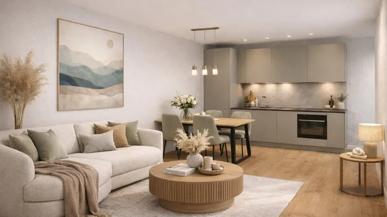 Moderner offener Wohn- und Essbereich mit integrierter Küche, hellem Sofa und Holzboden.