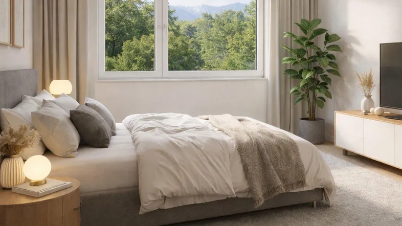 Helles Schlafzimmer mit gemütlichem Bett, modernen Nachttischen und Bergblick durch das Fenster.