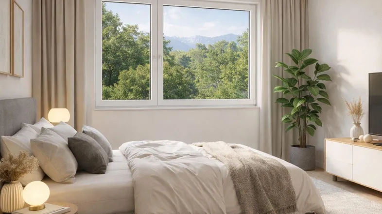 Helles Schlafzimmer mit großem Fenster, das einen weiten Blick ins Grüne und auf die Berge bietet.