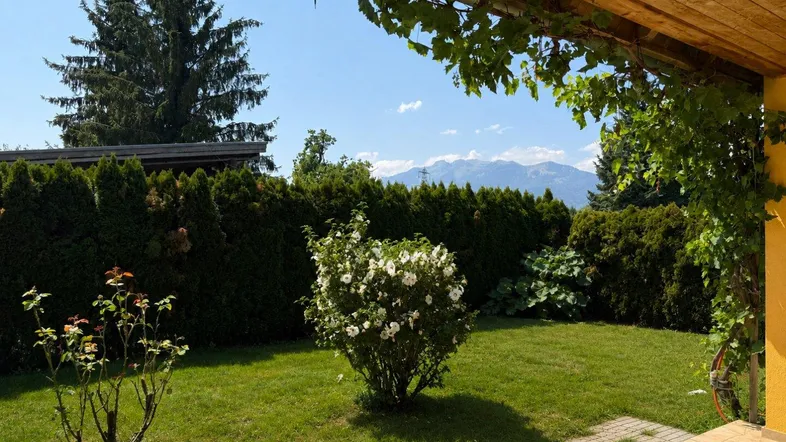 Blick vom überdachten Bereich in den grünen Garten mit Hecke und Bergblick im Hintergrund.