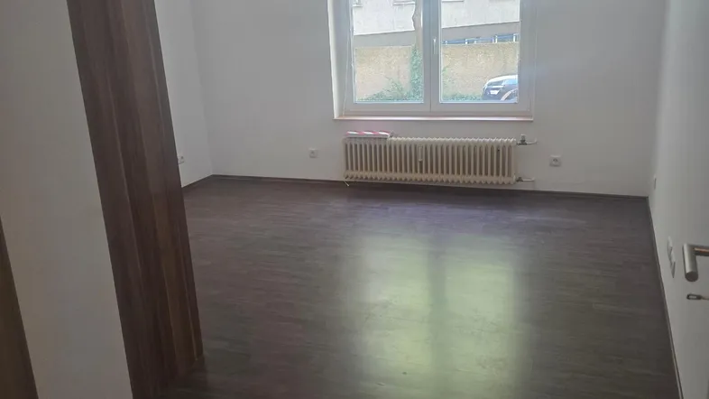 Heller Wohnraum mit dunklem Laminatboden und einem großen Fenster, das viel Tageslicht hereinlässt.