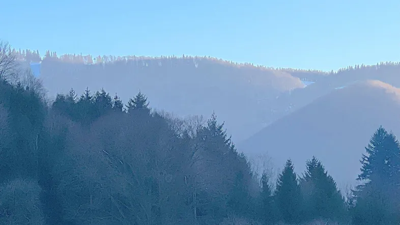 Panoramablick auf bewaldete Berge und eine weite Landschaft unter klarem Himmel.