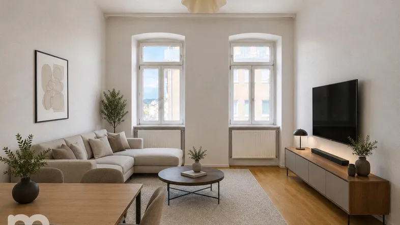 Helles Wohn- und Esszimmer mit Parkettboden, modernen Möbeln und großen Fenstern.