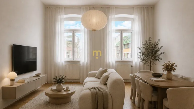Helles, modern eingerichtetes Wohn- und Esszimmer mit Parkettboden und großen Fenstern.