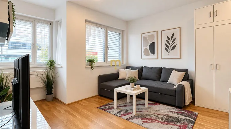 Helles Wohnzimmer mit Sofa, Couchtisch und Schränken, ausgestattet mit Holzfußboden und großen Fenstern.