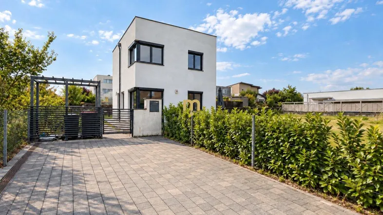 Modernes Einfamilienhaus mit gepflasterter Auffahrt und grüner Hecke unter blauem Himmel.
