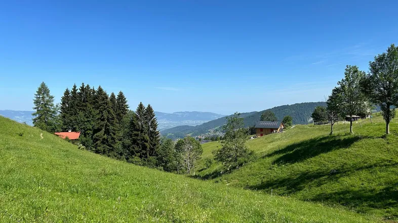 Weitläufige grüne Hügellandschaft mit vereinzelten Häusern und Fernblick unter blauem Himmel.