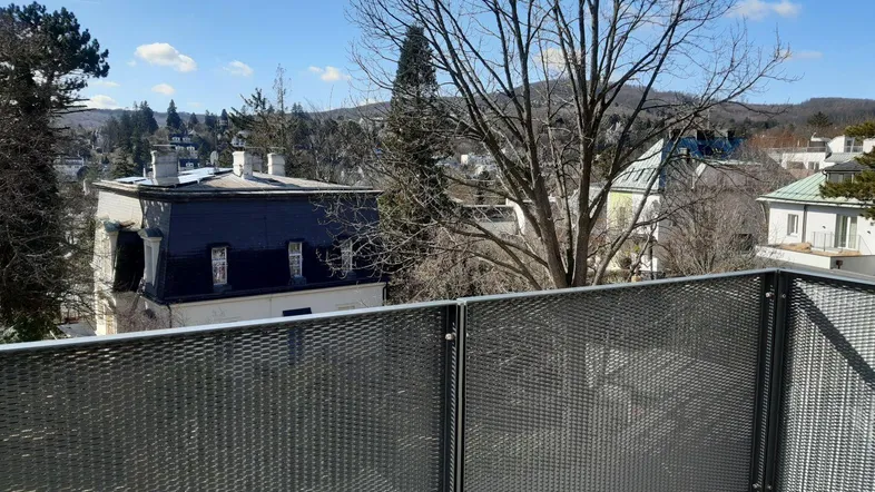Blick von einem Balkon mit Metallgeländer auf die umliegende Wohngegend und bewaldete Hügel.