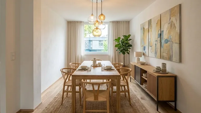 Heller Essbereich mit Holztisch, modernen Stühlen und einem Sideboard unter dem Fenster.