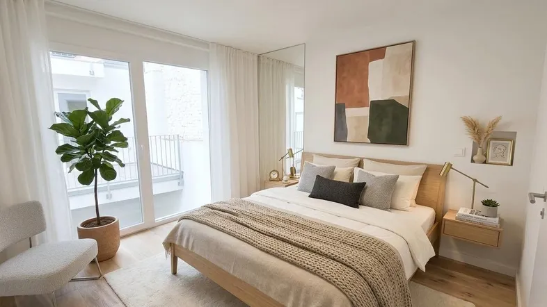 Helles Schlafzimmer mit Holzboden, Zugang zum Balkon und moderner Einrichtung.