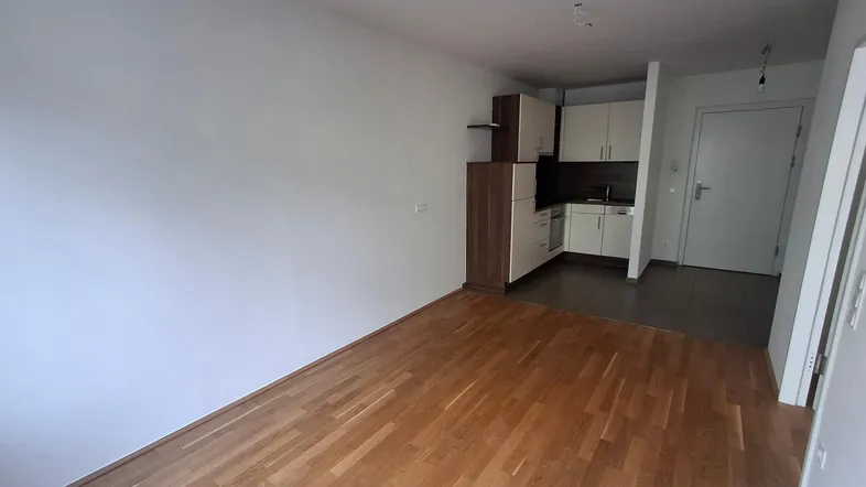 Heller Wohnbereich mit Parkettboden und integrierter Küchenzeile, ideal für modernes Wohnen.