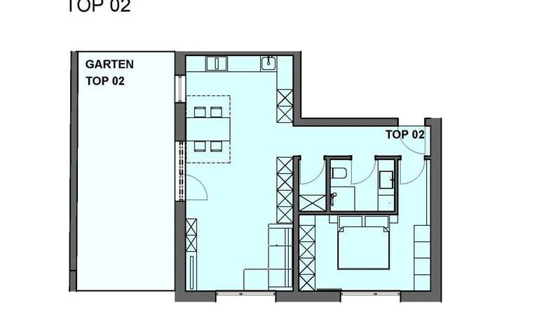 Grundriss der Einheit TOP 02 mit offenem Wohnbereich, zwei Bädern und direktem Zugang zum Garten.