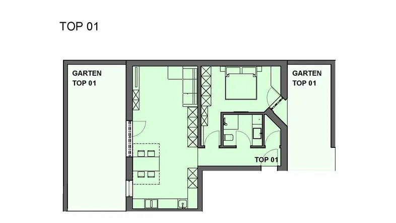 Grundriss der Wohnung mit offenem Wohnbereich, Schlafzimmer, Bad und Zugang zu zwei Gärten.