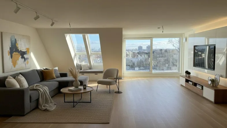 Helles, modern eingerichtetes Wohnzimmer mit großem Sofa, Holzboden und weitem Stadtblick.