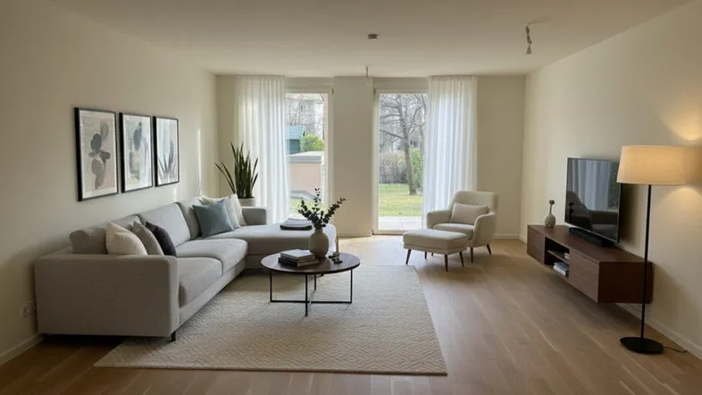 Helles Wohnzimmer mit modernem Sofa, Holzboden und Zugang zum grünen Garten.