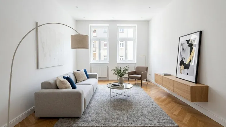 Modernes Wohnzimmer mit Fischgrätparkett, großen Fenstern und stilvoller Einrichtung.