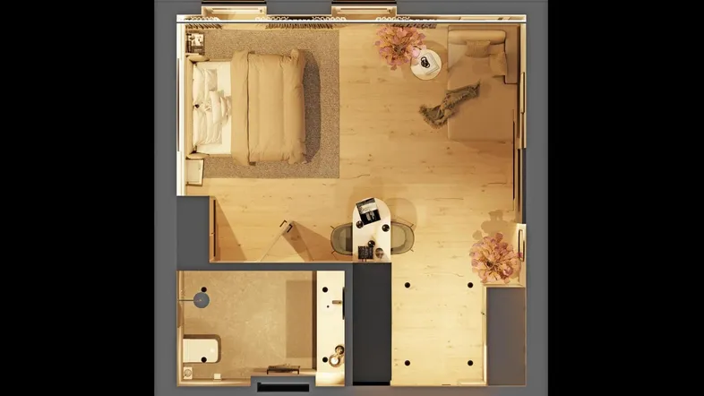 Detaillierter Grundriss einer Wohnung mit Schlafzimmer, Arbeitsbereich und integriertem Badezimmer.