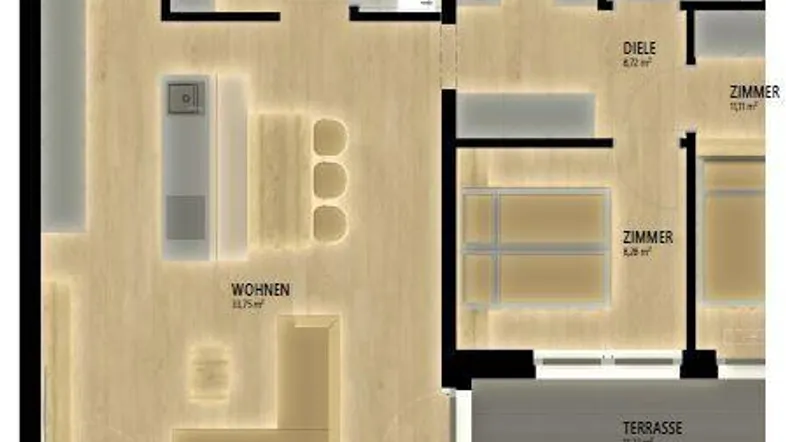 Grundriss einer Wohnung mit offenem Wohnbereich, Terrasse und Garten.