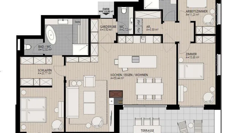 Detaillierter Grundriss mit offenem Wohnbereich, drei Schlafzimmern, zwei Bädern, Sauna und großer Terrasse.